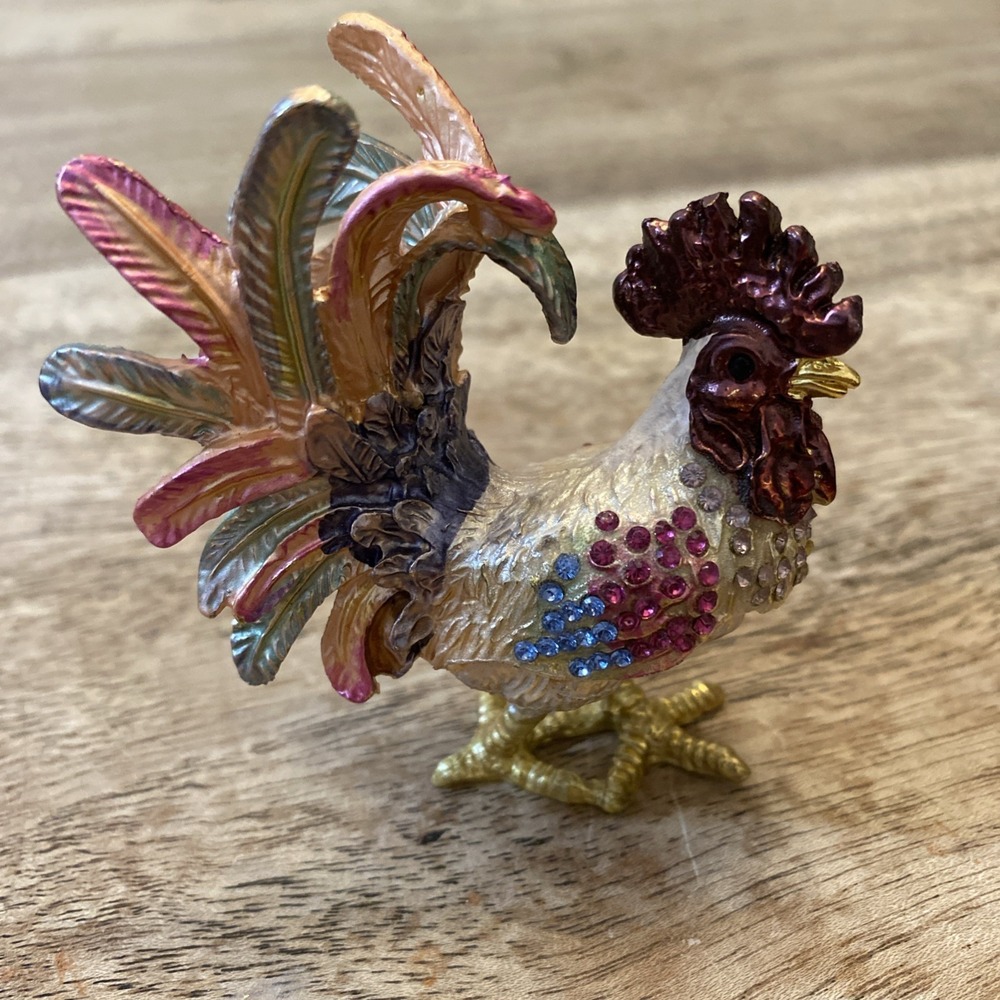 Multicolor Metal Bejewled Rooster Chicken Trinket Box Enameled Interior